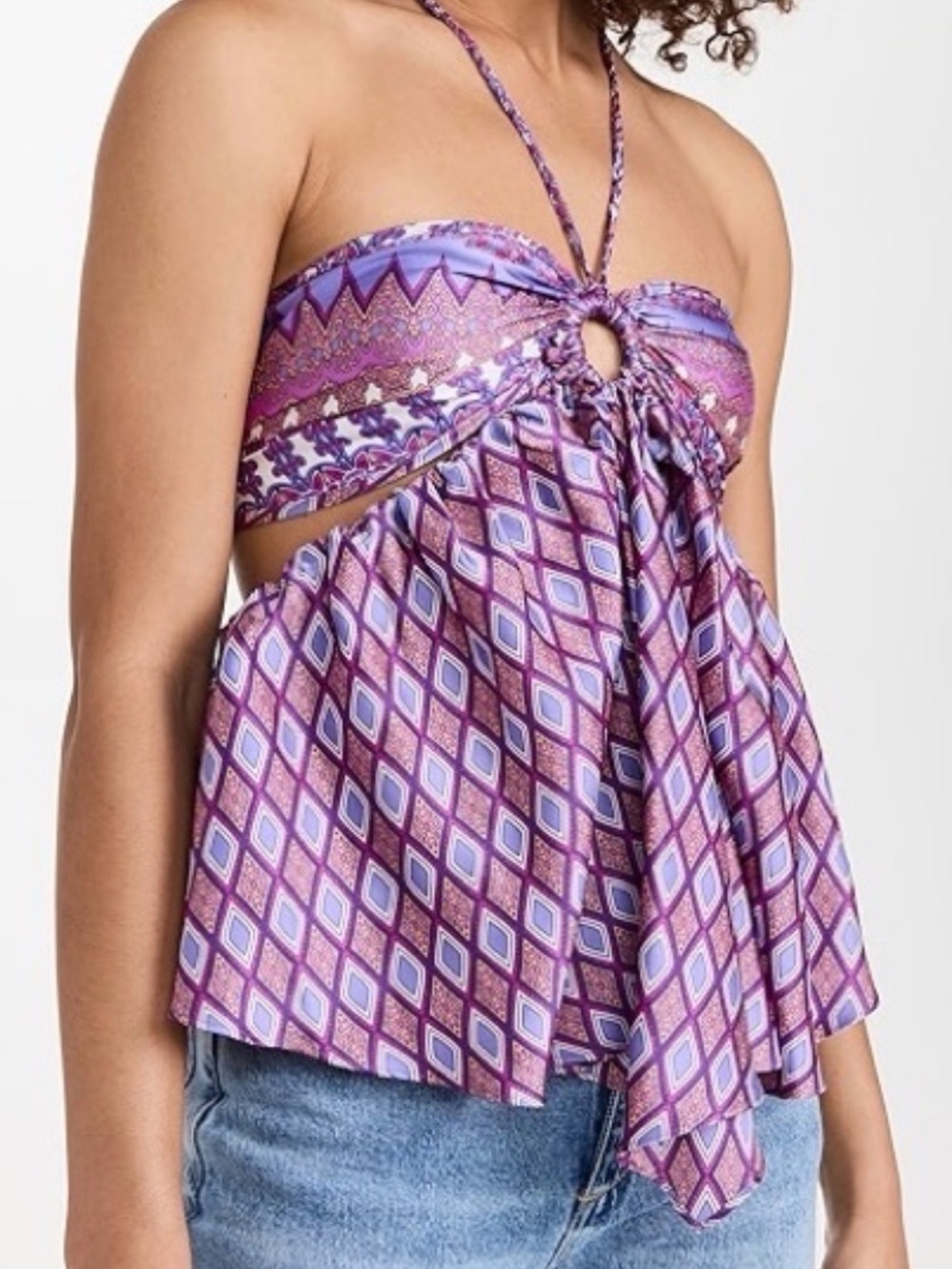 MISA Los Angeles Satin Purple Patterned Halter Tie-Front Womenโs Top Festival